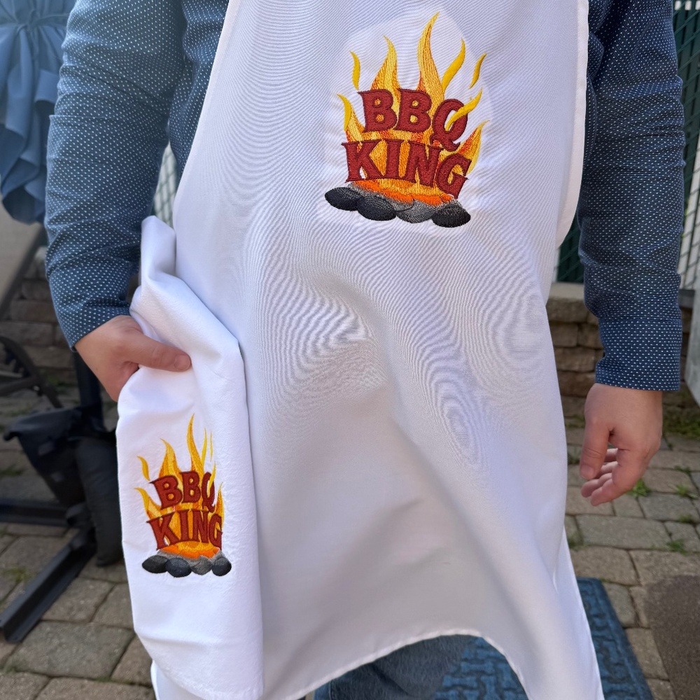 Embroidered BBQ apron and hand towel.  BBQ King
